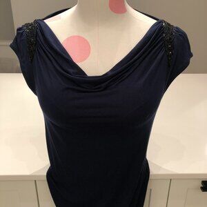 Design History Cowl Neck Cap Sleeve Beaded Sequin Detail Top Navy + Black Size S